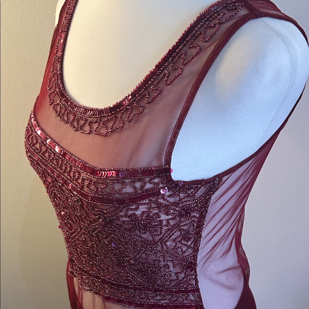 Passport  Vintage 90s Burgundy Beaded and Sequined Embellished Sheer Tank Top - Picture 4 of 14